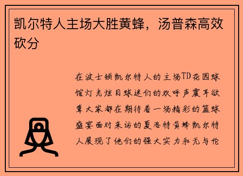 凯尔特人主场大胜黄蜂，汤普森高效砍分