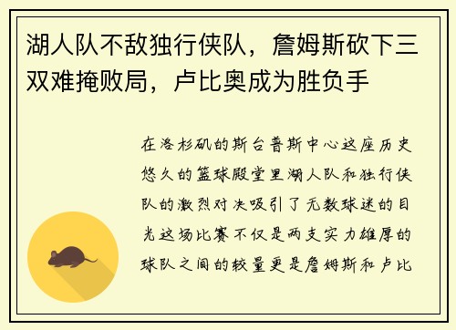 湖人队不敌独行侠队，詹姆斯砍下三双难掩败局，卢比奥成为胜负手